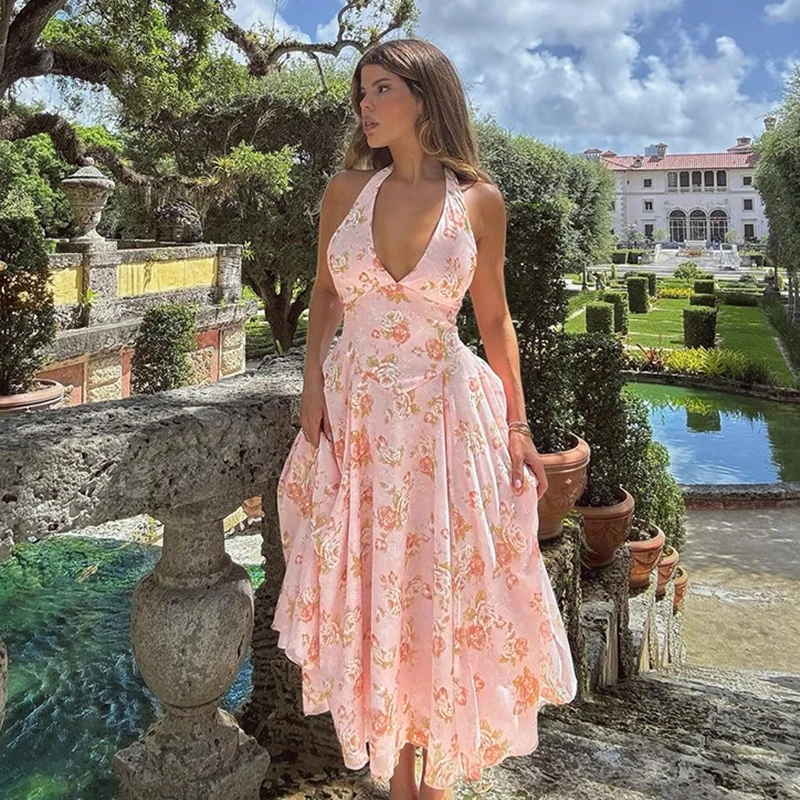 Sexy Print Deep V-neck Sleeveless Backless Neck-mounted Dress Women Slim High Waist Birthday Party Dress Femme Outfits