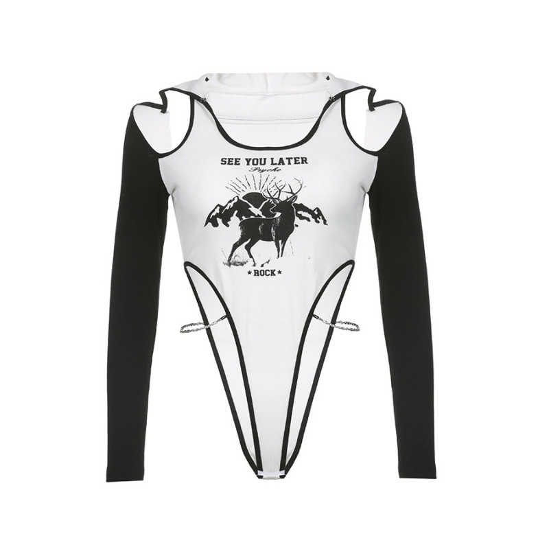 Print Bodysuit Off Shoulder Hooded Corset Tops Women Festival Clothing Lingerie Sexy One-Pieces Rave Outfit Chain Body Feminino