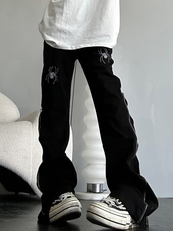 Spider Embroidery Side Zip Up Skinny Jeans