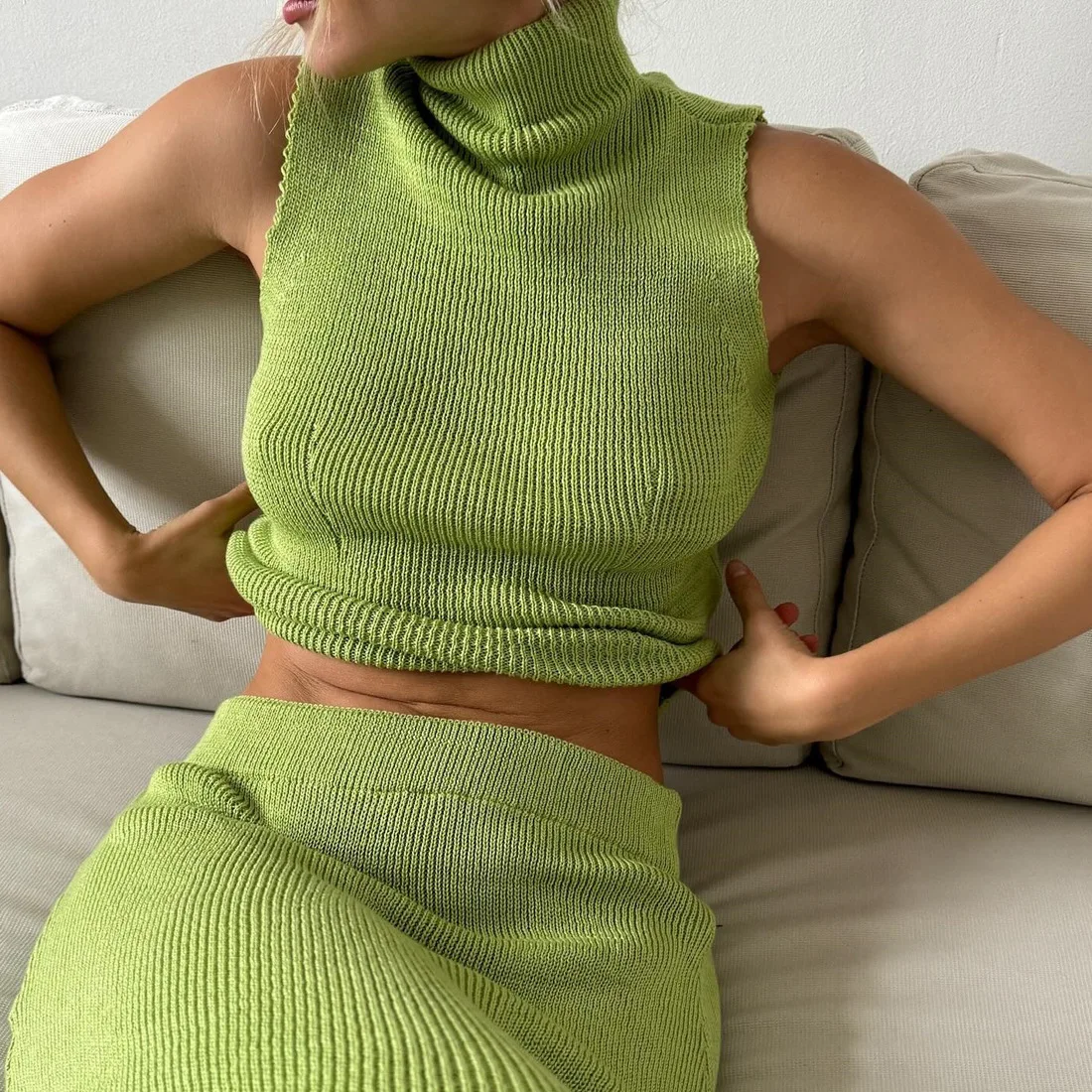 Elegant Sweater Two Pieces Set Sleeveless Knitted Turtleneck Vest High Waist Skirt Female Solid Slim Dress Sets 2025 New