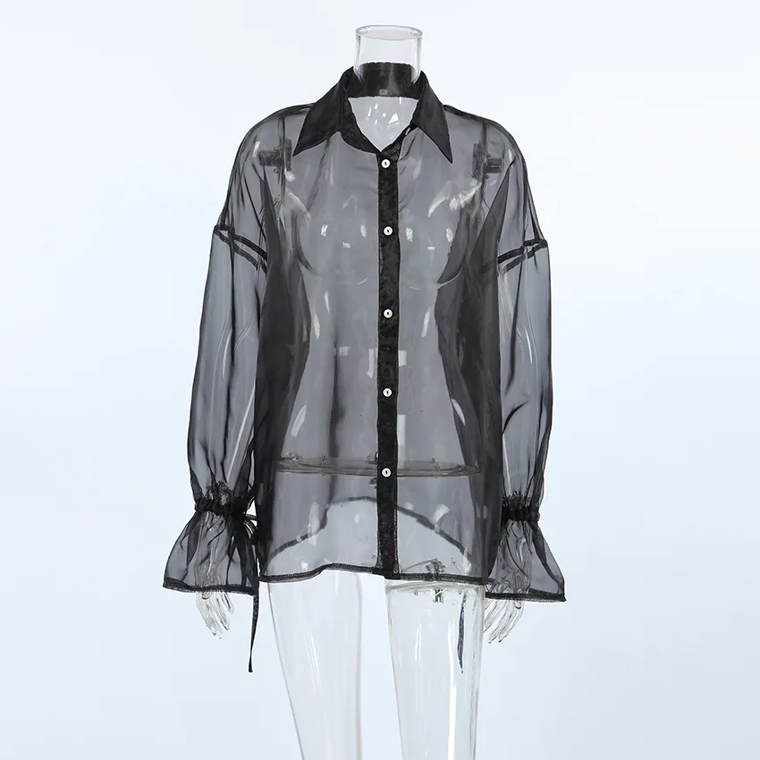 Mesh See-through Lace-Up Shirt Women's Sexy Long Sleeve Tops Fashion Solid Color Casual Streetwear Women's Shirt Tops