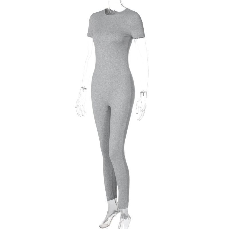 Women Clothing Winter round Neck Zipper Solid Color Short Sleeve Trousers Sports Jumpsuit Women