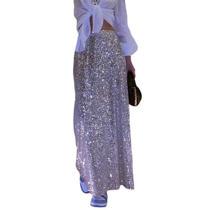 Sequin Long Skirts for Women Solid Color Elastic High Waist Skirt Fashion Elegant Ladies Evening Party Skirt Clubwear