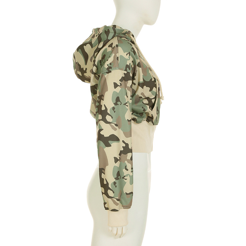 Casual Contrast Color Cinched Hoodie Long Sleeve Sweatshirt Sweatpants Two Piece Camouflage Cardigan Coat Trousers Sets