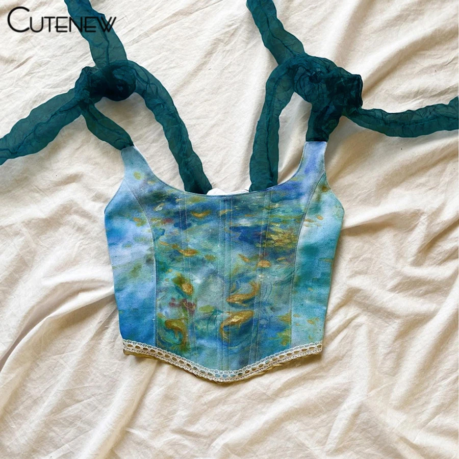 Y2K Vintage Aesthetic Printing Crop Tops Women's Clothes Summer Sexy Bandage Tank Top Skinny Clubwear Camisole Hot Deals