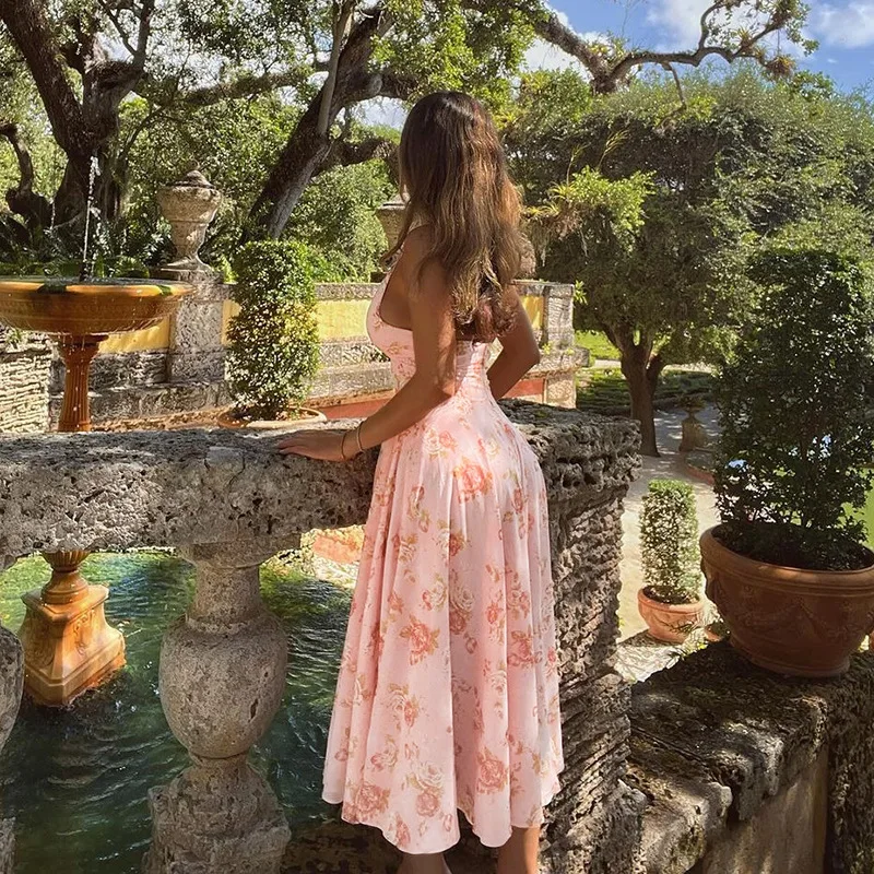 Sexy Print Deep V-neck Sleeveless Backless Neck-mounted Dress Women Slim High Waist Birthday Party Dress Femme Outfits