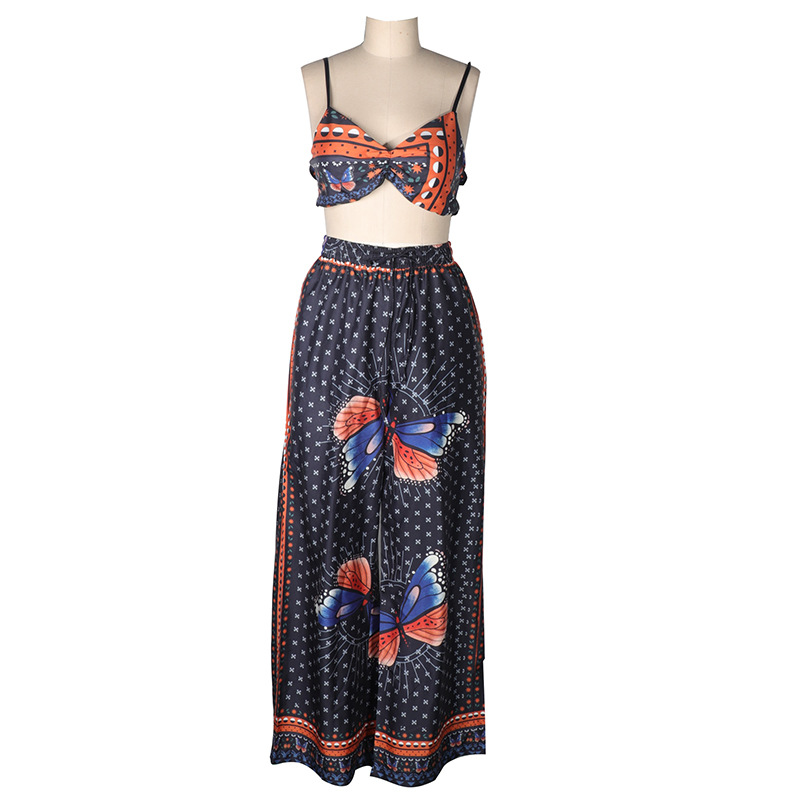 Women Clothing Printed Sexy Tube Top Loose Wide Leg Pants Two Piece Set
