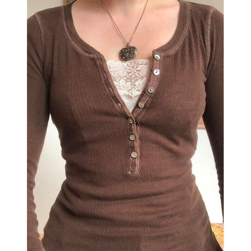 y2k Fairy Grunge Tops Women Button Lace Patchwork Long Sleve T Shirt Autumn Basic Pullovers Retro Aesthetic Clothes