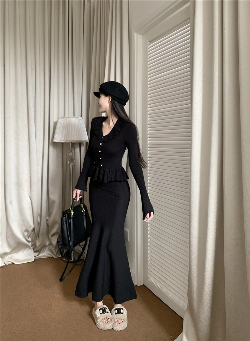 Autumn Winter Knitted 2-Piece Sets Women Ruffles Tops Bodycon Fishtail Skirt Slim Solid Knitwear Outfits Korean Fashion Suit