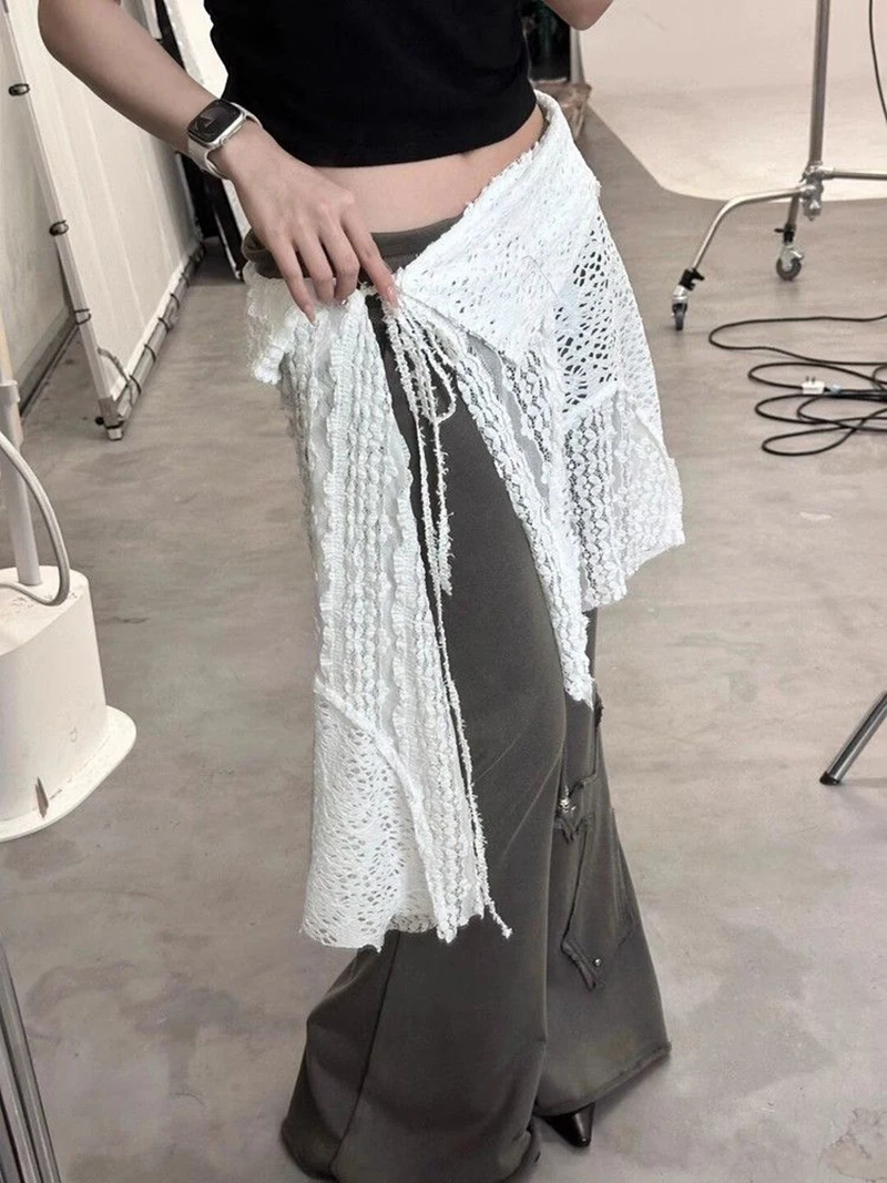 Y2K Irregular Mini Skirts Women Harajuku Aesthetic White Lace Tulle Bandage Skirt Japanese Vintage Hollow Out Faldas New