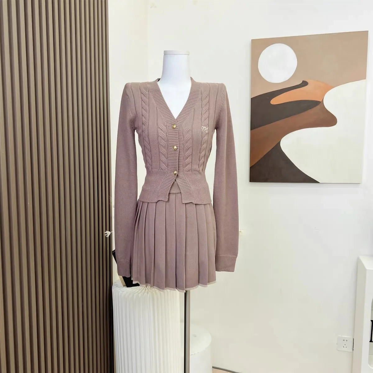 Autumn Knitted Two Piece Skirt Set Women Long Sleeve Single Breasted V-neck Top Mini Pleated Skirt Korean Chic Female Outfit New