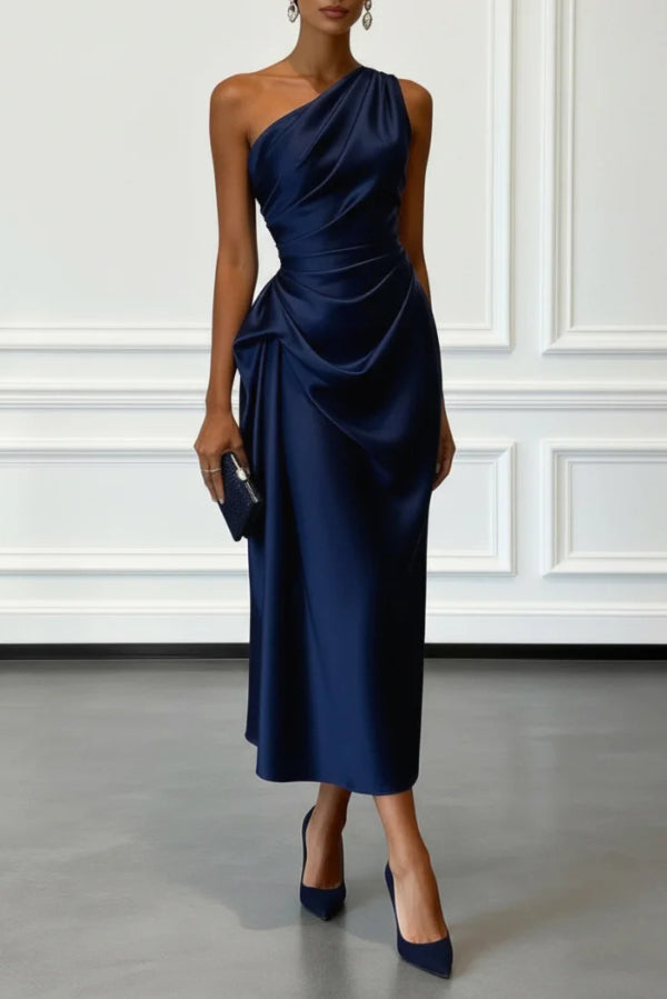 Satin One-shoulder Pleated Waist Elegant Midi Dress