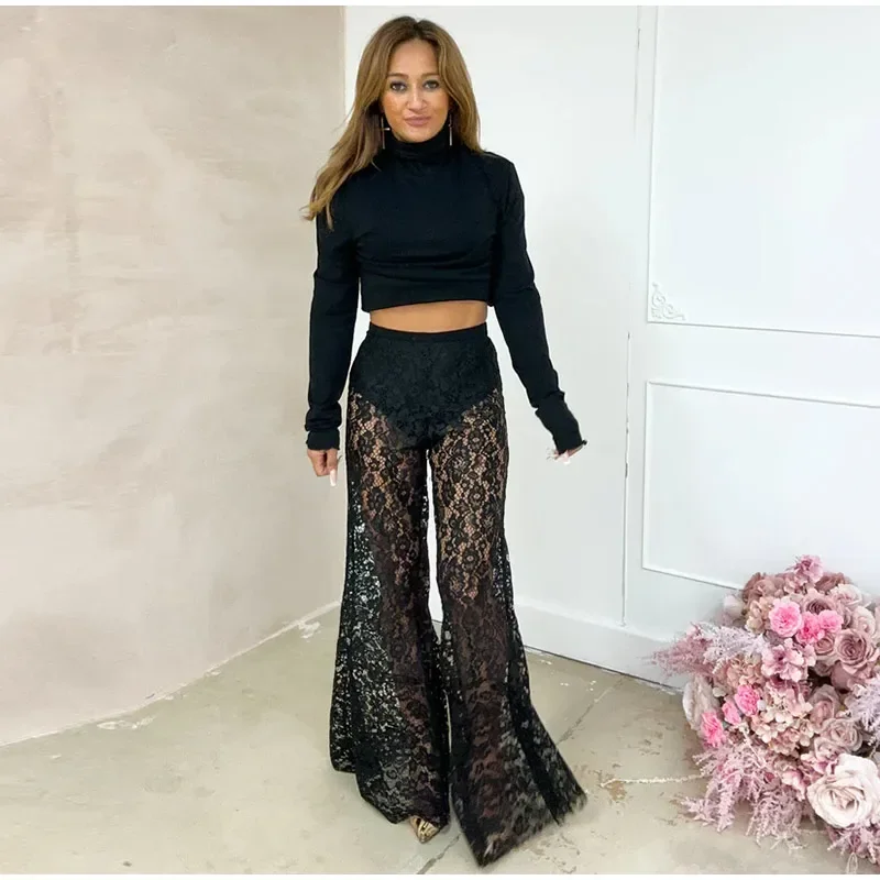 Sexy Lace Sheer Flare Pant Women Hollow Out Lady Vacation Long Trousers Female 2025 Spring Elastic High Waist Streetwear New