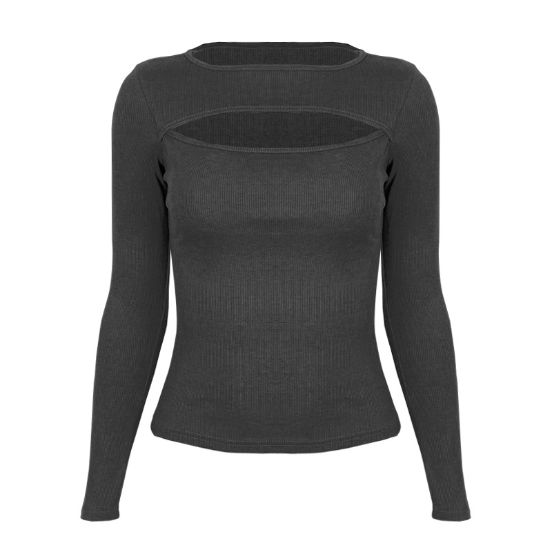 Women Clothing Autumn Winter Chest Hollow-out Long-Sleeved Top Sexy Stretch Rib T-shirt for Women