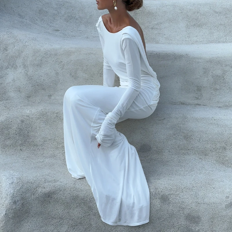 Women Backless Dress for Sexy Solid Color Round Neck Long Sleeve Ruched Bodycon Dresses Cocktail Party Dresses Clubwear