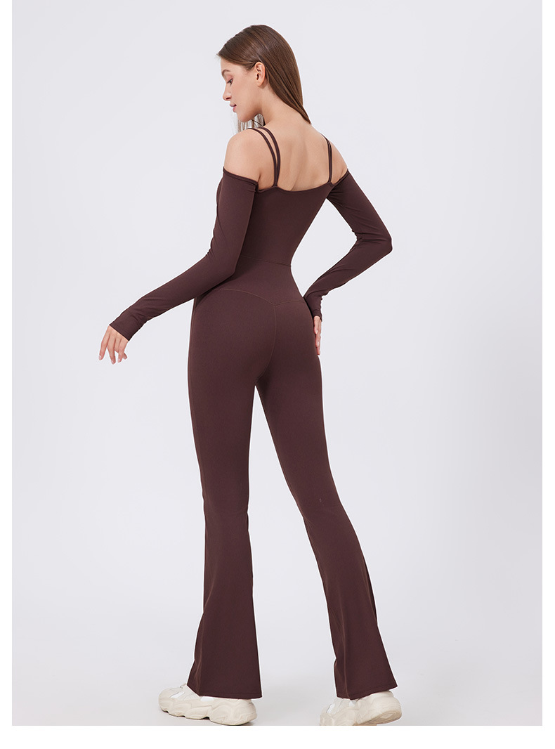Autumn Winter Tight Nude Feel Yoga Clothes With Chest Pad Long Sleeve Off The Shoulder Sports Fitness Running One Piece Bell Bottom Pants