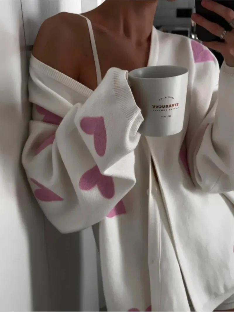 Knitted Women Cardigan Long Sleeve Loose Deep V Neck Sweater Women's Casual Embroidery Heart Women Autumn Coat 2025 New