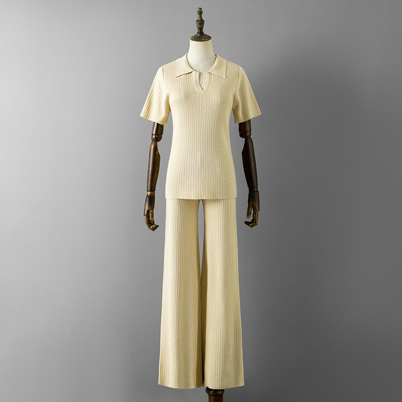 Women Clothing Polo Collar Pullover Short Sleeve Top Slimming Solid Color Wide Leg Trousers Knitted Suit