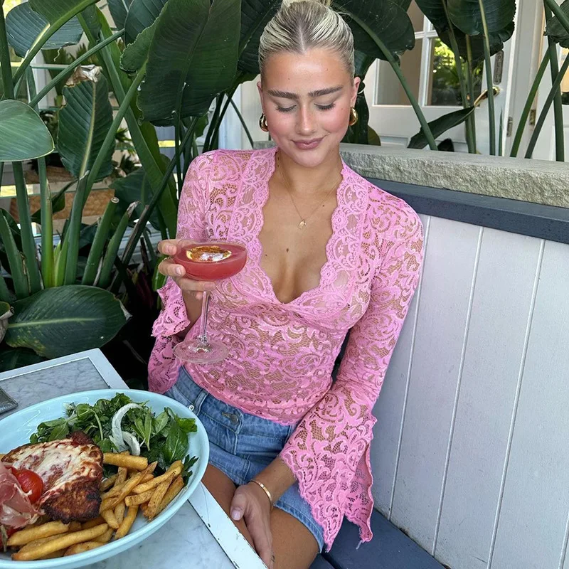Lace See-Through Sexy Y2k Top T-shirt Women V-Neck Patchwork Hollow Out Fashion Cropped Top Night Club Clothes Crop top