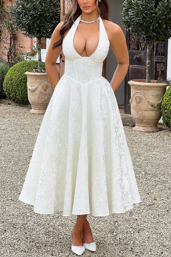 Stylish Jacquard Halter Neck Fitted Waist Open Back Elegant Midi Dress