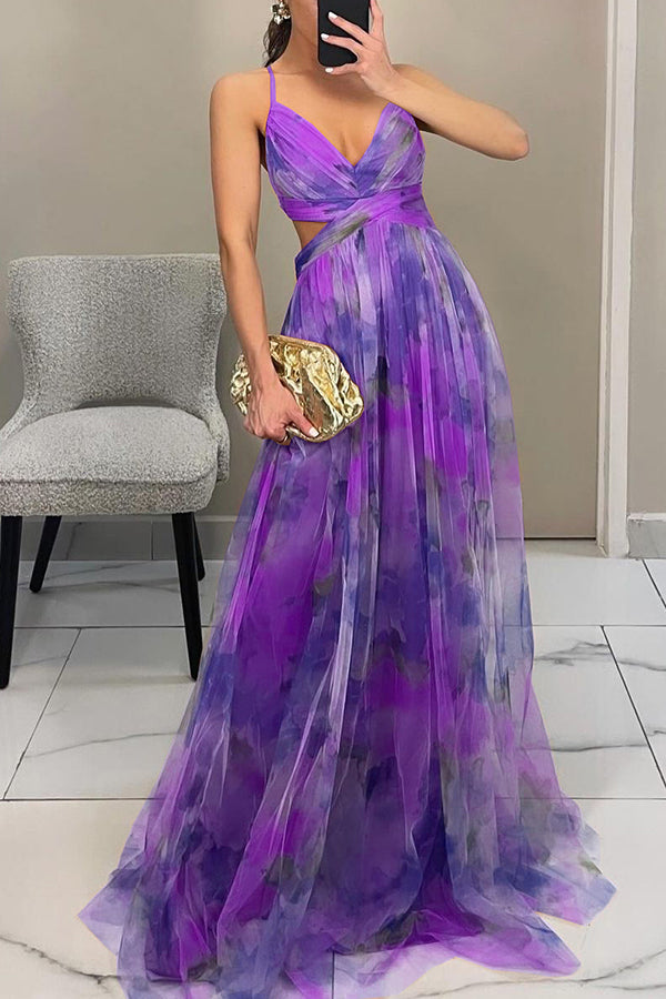 Ladies' summer princess chiffon printed hollow sexy waist and back lace up long dress