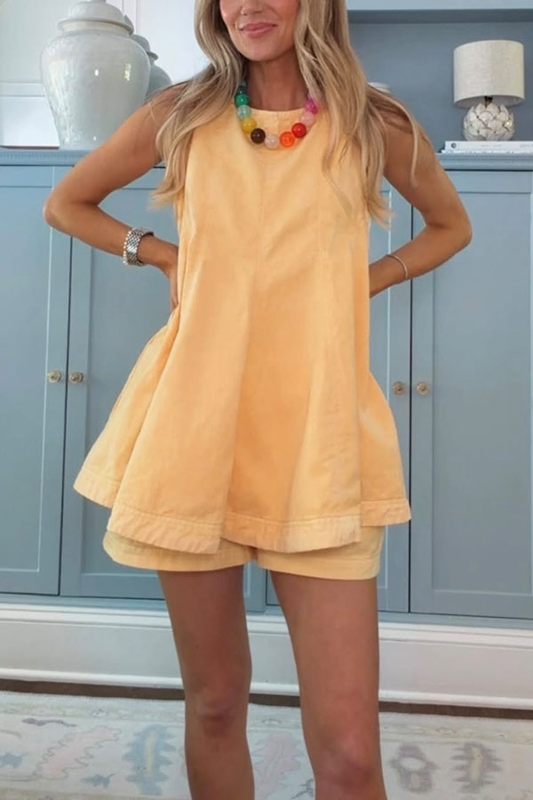 Comfy Enough Denim Sleeveless Flare Hem Top and Elastic Waist Pocket Shorts Set