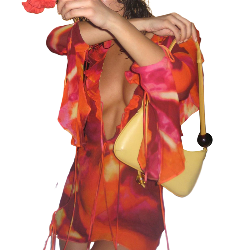 Tie Dye Dresses for Women Tie Up Ruffles Deep V Neck Backless Cocktail Bodycon Dress y2k Beach Party Dresses Clubwear