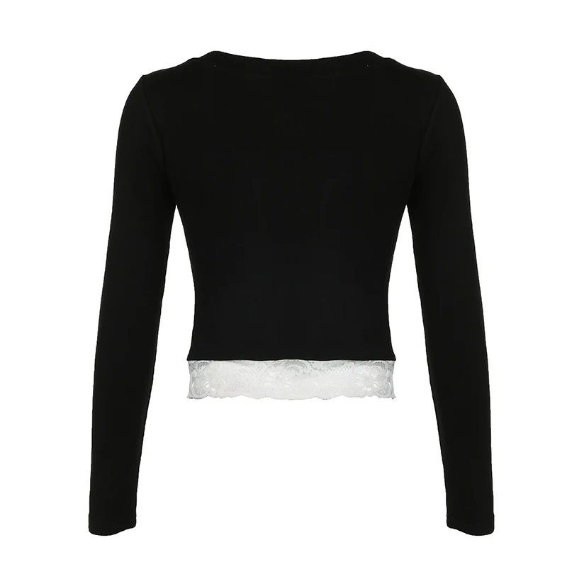 Y2K Contrast Lace Slim Top Autumn Cute Long Sleeve Buttons T-shirt Knitted Casual Outfits Sweet Korean Tee Streetwear
