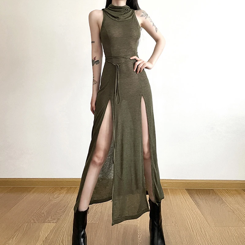 Grunge Dress y2k Women Clothes Solid Color Sleeveless Hollow Out Back Slit Hooded Dress 2000s Halloween Party Dresses