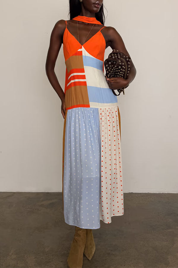 Vibrant Touch Color-blocked Polka Dot Print Slip Pleated Hem Maxi Dress