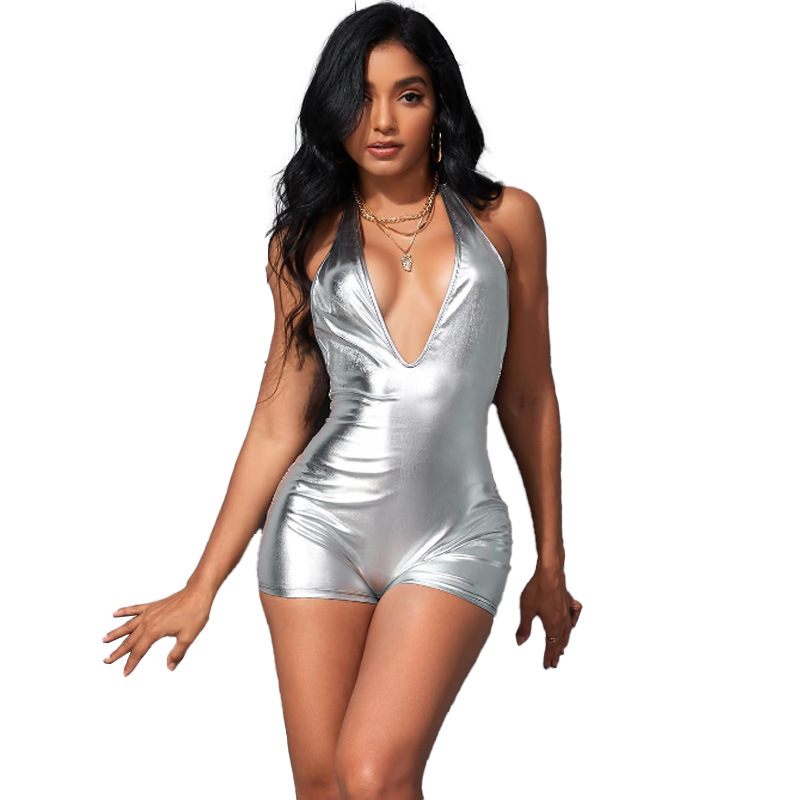 Sexy Nightclub Women Clothing Metallic Coated Fabric High Waist Tight Jumpsuit Backless Deep V Plunge Lace up Sexy