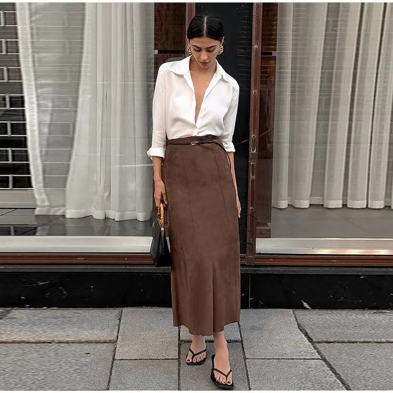 Vintage Suede Brown Skirts Women Fashion Pleated Slim Zipper Office Lady Skirts Elegant Female High Waist Party Wear New