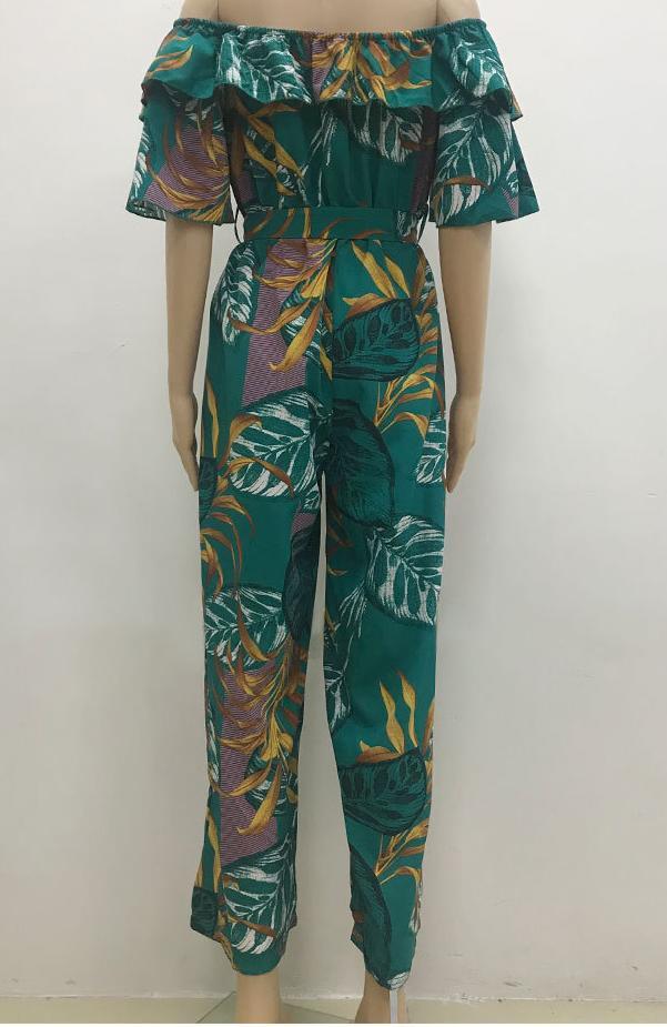 Women Clothing Fashion off-Shoulder Floral Jumpsuit Summer Short Sleeve Chiffon Vacation Beach Jumpsuit