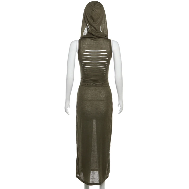 Grunge Dress y2k Women Clothes Solid Color Sleeveless Hollow Out Back Slit Hooded Dress 2000s Halloween Party Dresses