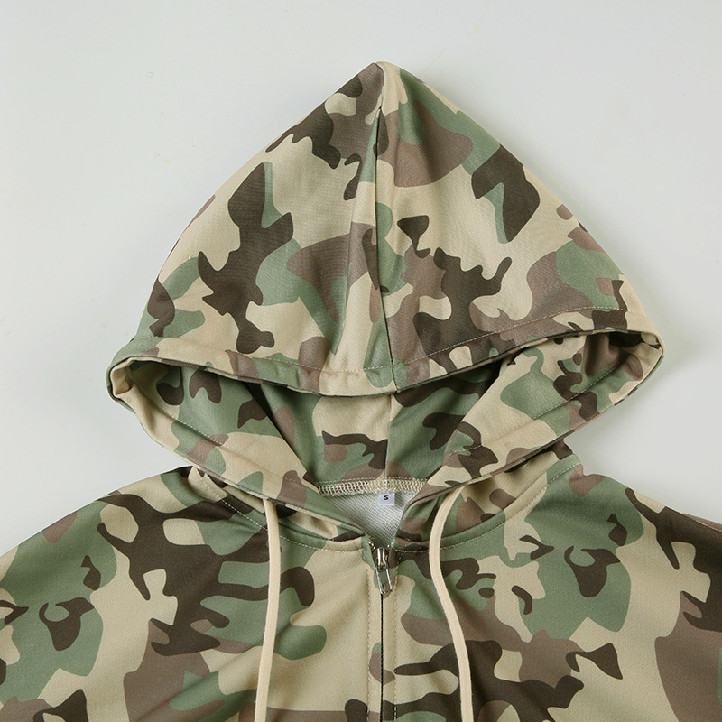 Casual Contrast Color Cinched Hoodie Long Sleeve Sweatshirt Sweatpants Two Piece Camouflage Cardigan Coat Trousers Sets