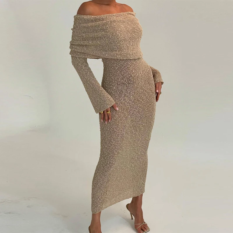 Beach Knitted Off The Shoulder Long Dress Women Slim Flare Sleeve Hollow Out Maxi Dresses 2025 Summer Lady Hip Package Robes