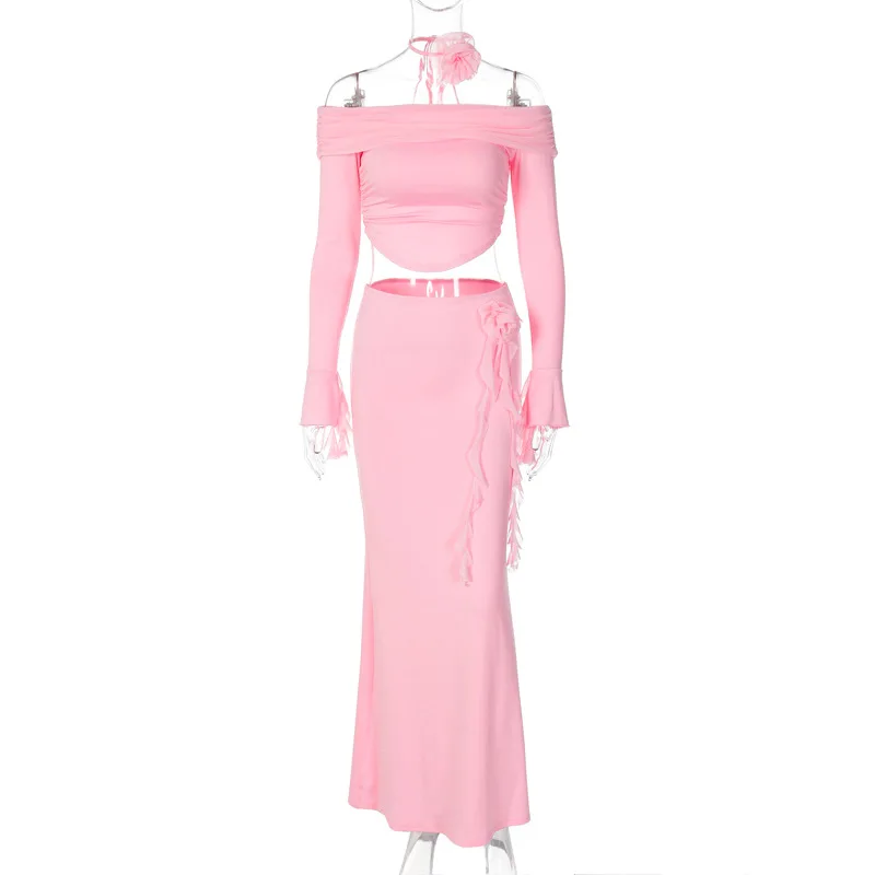 Winter New Sexy Long Sleeved Half Skirt Set For Woman 3D Flower Slim Tight Long Skirt Party Evening Dress Two Piece Set