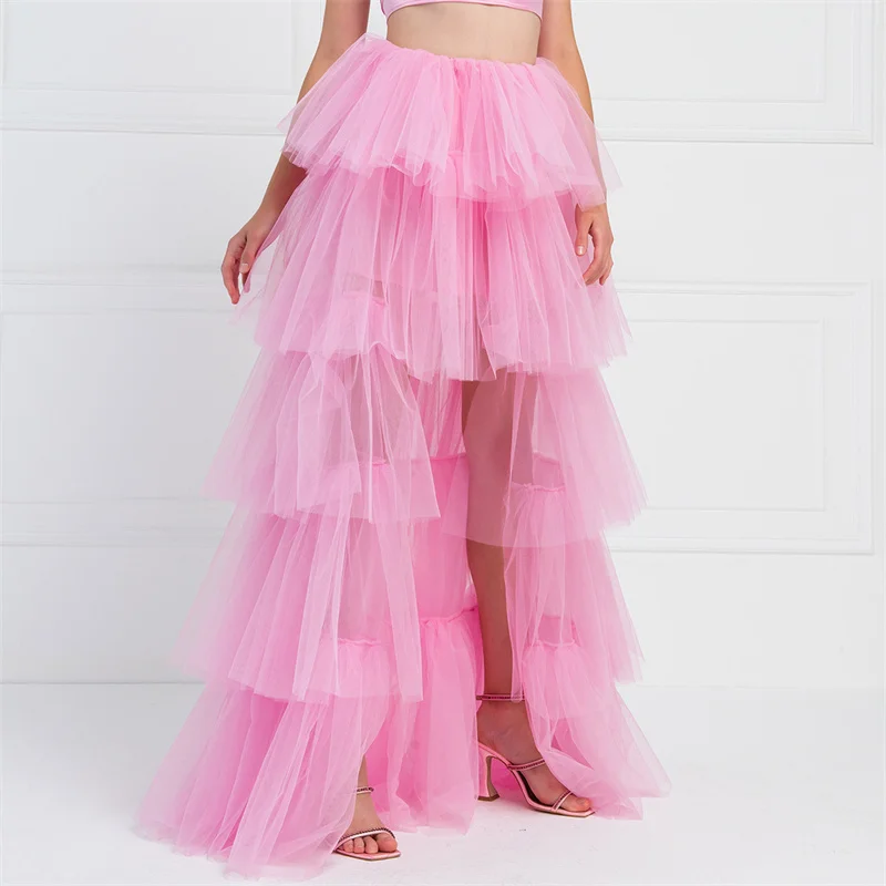 Tulle Skirts Women y2k Solid Color Elastic High Waist Asymmetrical Hem Long Skirts Summer Evening Party Skirt Clubwear