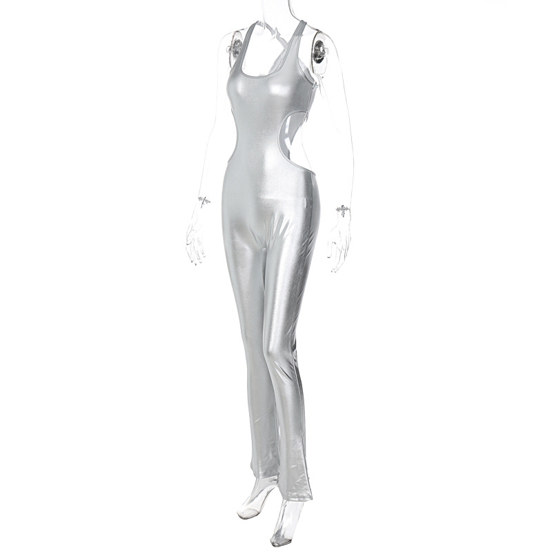 Metallic Coated Fabric Women Clothing Winter Solid Color Faux Leather Sexy Cutout Backless Slim Fit Sling Jumpsuit