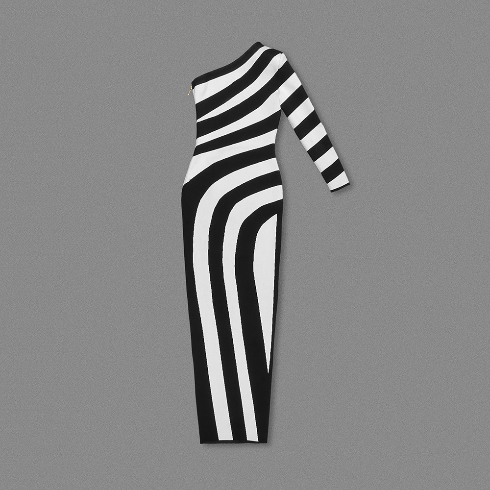 Autumn Winter Black White Striped Sexy High Slit One Shoulder Dress Simple in Bandage Dress