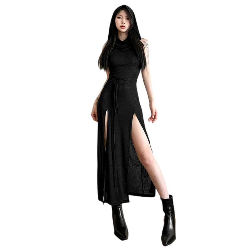 Grunge Dress y2k Women Clothes Solid Color Sleeveless Hollow Out Back Slit Hooded Dress 2000s Halloween Party Dresses