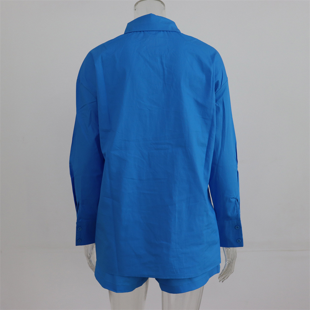 Spring Summer Two Piece Set Solid Color Single Breasted Long Sleeve Collared Shirt Shorts Loose Casual Set