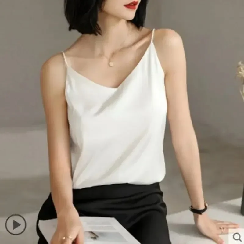 Sexy Strap Crop Top Fashion Silky Camisole Women's Inner With White Bottoming Satin Top Summer V-neck Thin Section Y2K Camisole