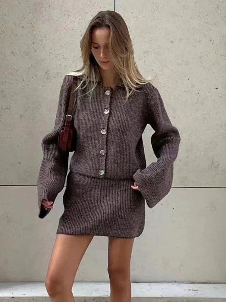 Women's Knitted Suit Lapel Flare Sleeve Cardigan Skirt Autumn Winter New Fashion Solid Slim Female Sweater Two Piece Sets