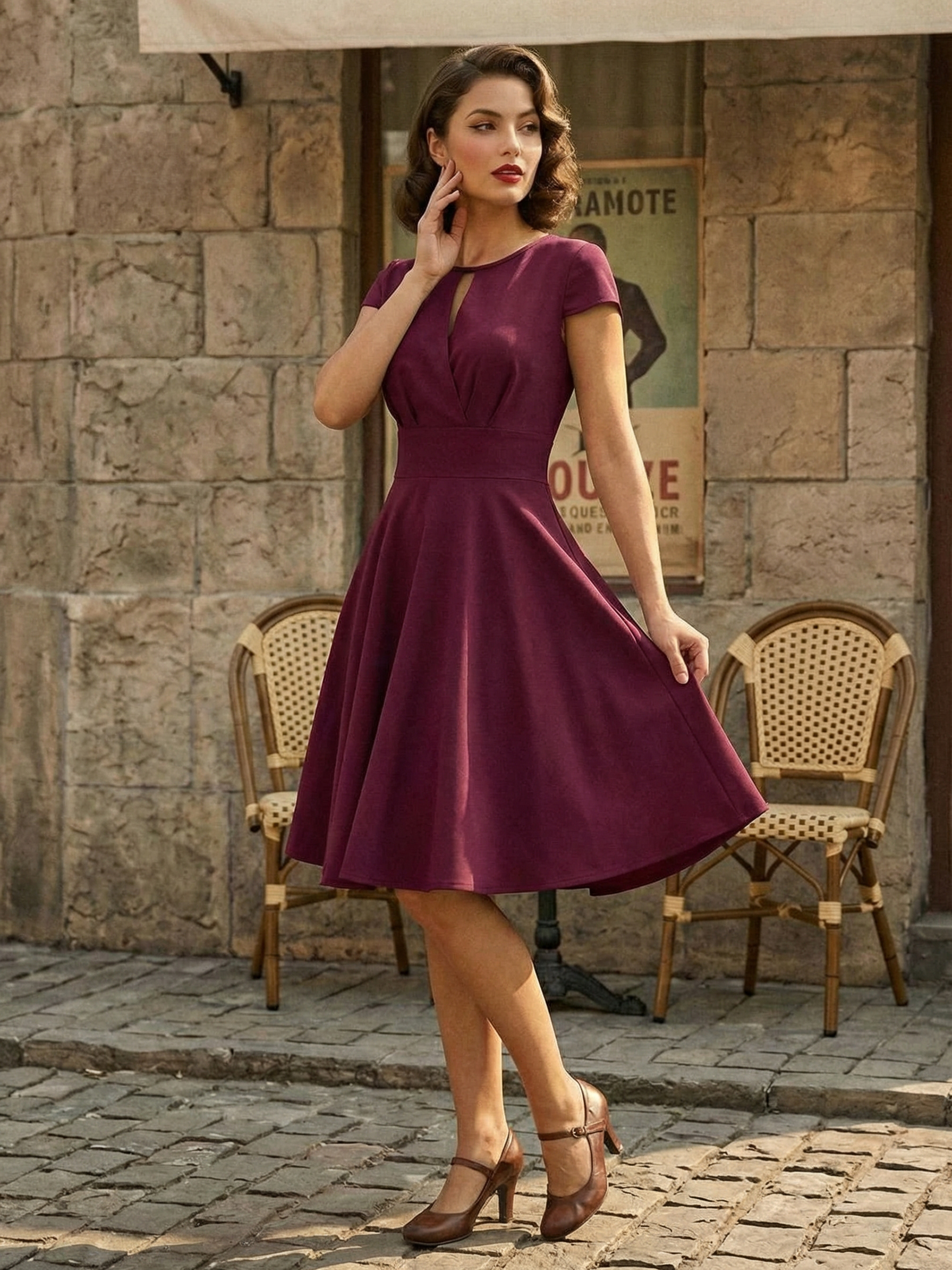 Vintage Glamour Dress 1950s Style Jewel Neck Cut Out Short Sleeves Medium Swing Dress