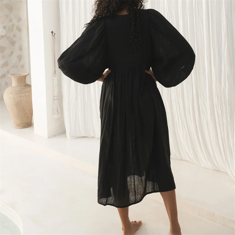 Beach Party Dress Women Summer Solid Color Round Neck Tie Front Puff 3/4 Sleeve Loose Midi Dress Vacation Dresses