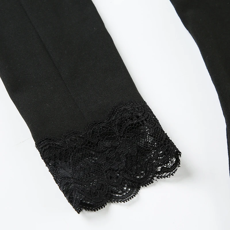 Black Lace Trim V-Neck T-Shirt Women Solid Slim Basic Long Sleeve Top Tees All-Match Autumn New