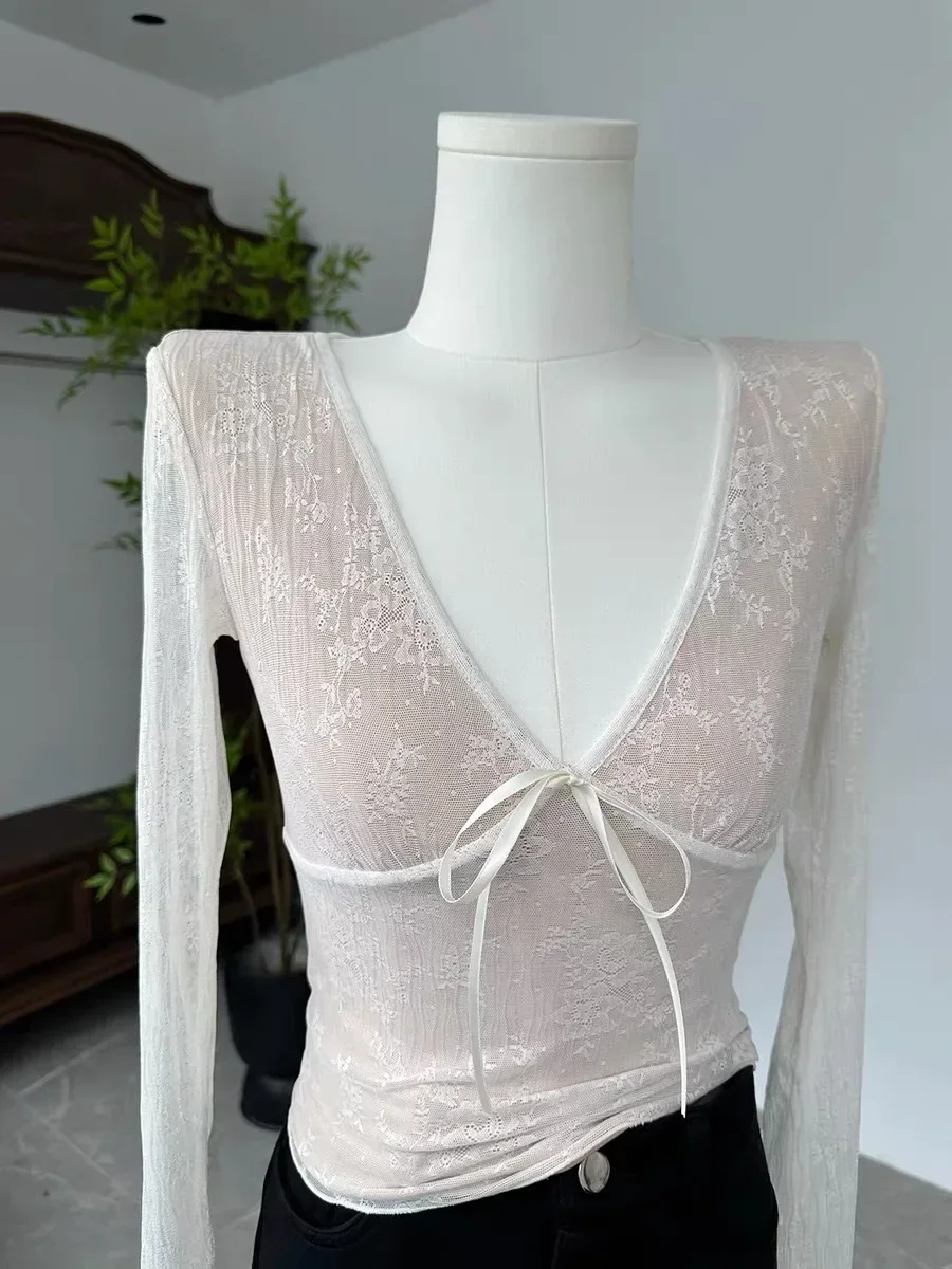 Korean Fashion Crop Top y2k Aesthetic Sweet Lace Patchwork Long Sleeve T Shirt with Bow 2000s Women Clothes Streetwear