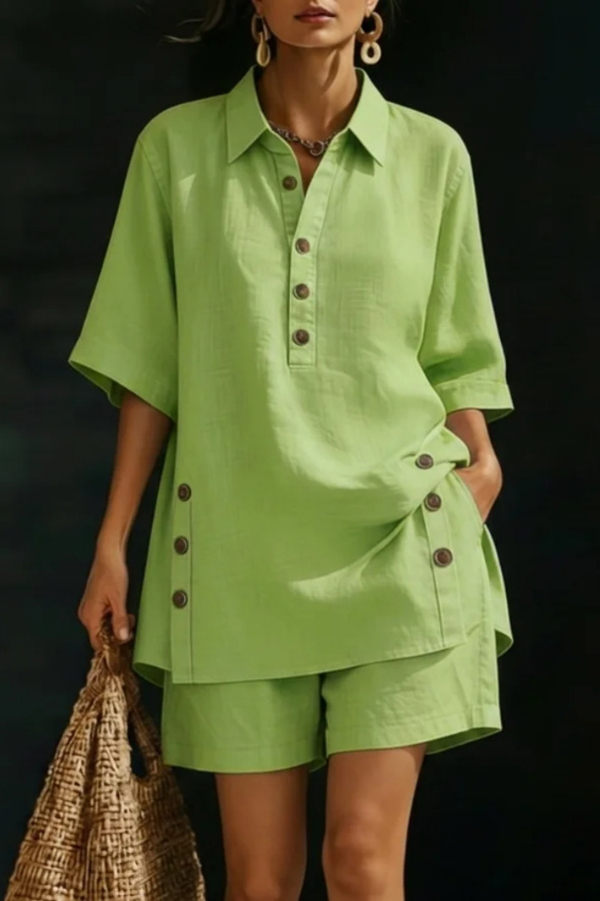 Solid Color Collared Short-sleeved Button-down Loose Top and Elastic Waist Pocket Shorts Set