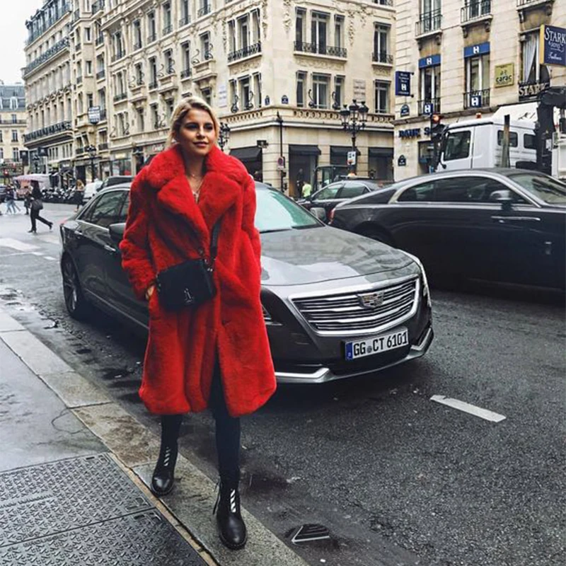 Luxury Winter Long Overcoats Women Oversized Lapel Belted Faux Rabbit Fur Coat Jacket Female Plus Size Outerwear Plush Fur Coats